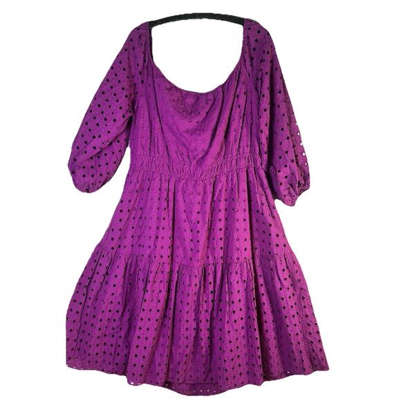 Eloquii Fuscia Eyelet Lace Tiered Dress Cotton  Puff Sleeve Peasant S 22 NWT - Picture 2 of 13